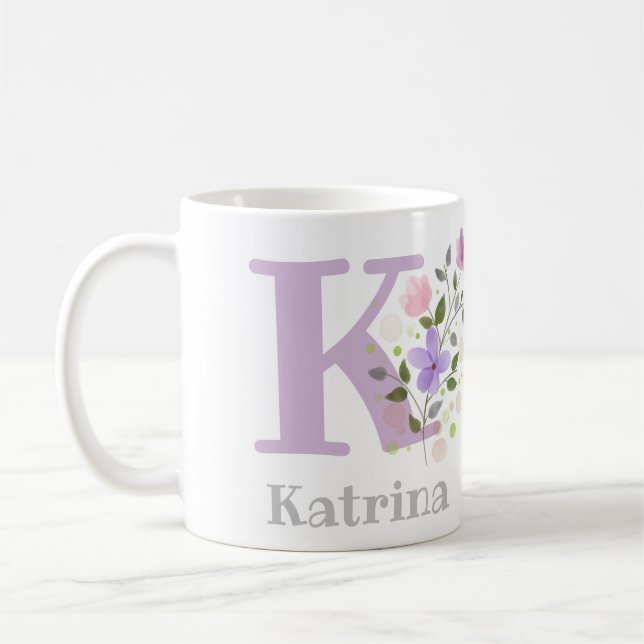 Caneca De Café Nome inicial de adição Katrina com flores (Esquerda)