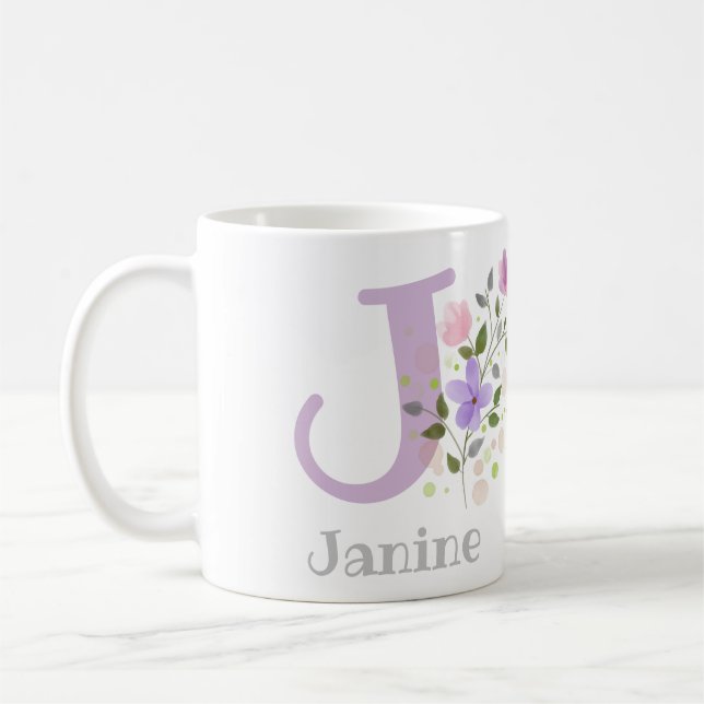 Caneca De Café Nome inicial do Plus Janine com Flores (Esquerda)