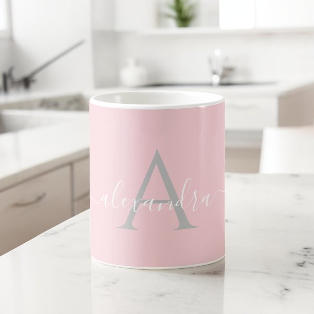 Caneca De Café Nome Inicial Monograma Branco Rosa Script Elegante (Criador carregado)