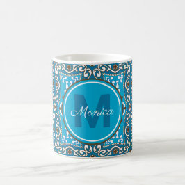 Caneca De Café 💙🤎 Nome + inicial turquesa - Azulejos castanhos,