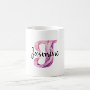 Caneca De Café Nome J em letra maiúscula rosa roxo aconchegante 