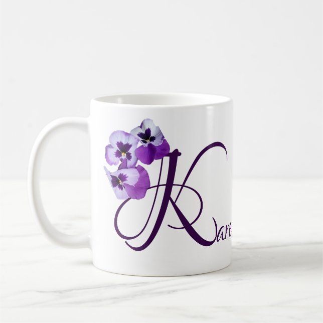 Caneca De Café Nome Karen personalizável pansy floral pansy (Esquerda)