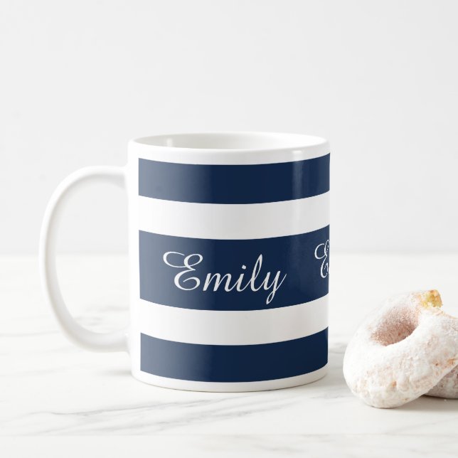 Caneca De Café Nome Listras Azuis Modernas (Com Donut)