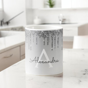Caneca De Café Nome luxuoso do monograma do brilho de prata da