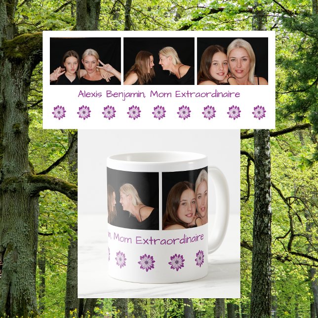 Caneca De Café Nome Mãe Extraordinária Melhor Mãe De Sempre + 3 F (Mom Extraordinaire. Or Best Mom Ever. Personalized name + 3 photos + flowers. Cute Mother's Day gift)