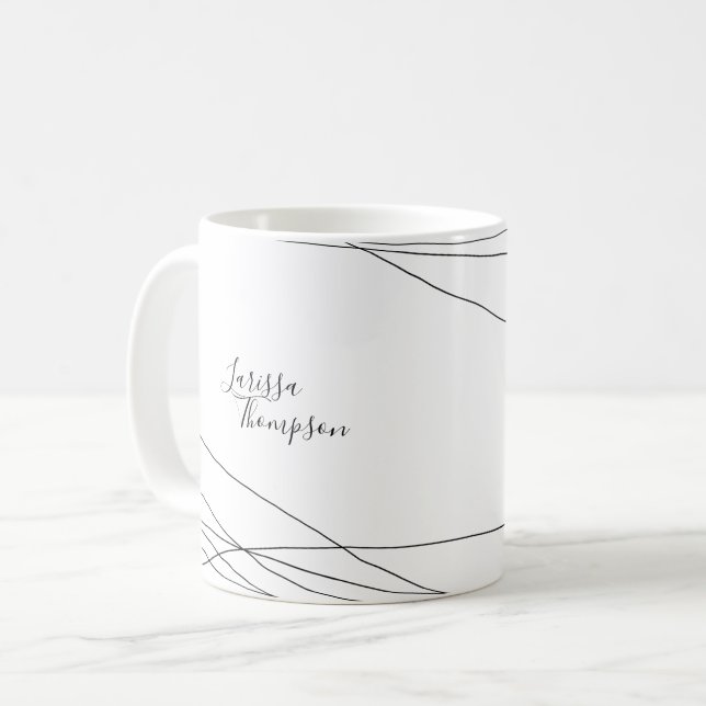 Caneca De Café nome manuscrito + linhas finas curvas branco elega (Frente Esquerda)