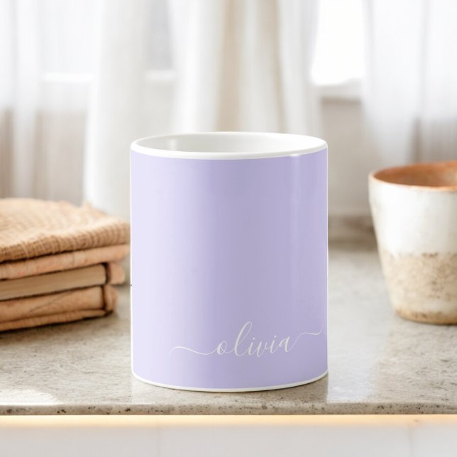 Caneca De Café Nome Moderno do Monograma de Script Girly Roxo da  (Criador carregado)
