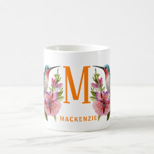 Caneca De Café Nome monograma bordado do Hummingbird Personalizad