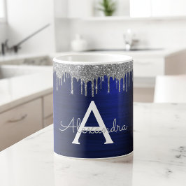 Caneca De Café Nome Monograma Brilho Brilhos Azul Marinho Prata
