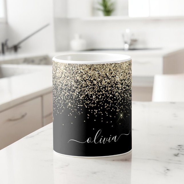 Caneca De Café Nome Monograma Brilho Glitter Feminino Preto Doura (Criador carregado)