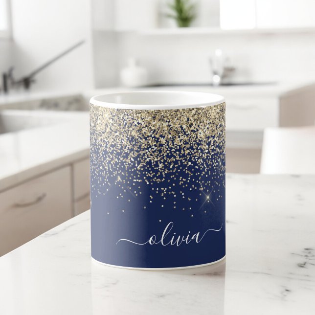 Caneca De Café Nome Monograma Brilho Glitter Menina Azul Marinho  (Criador carregado)
