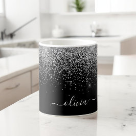 Caneca De Café Nome Monograma Brilho Glitter Menina Preto Prata