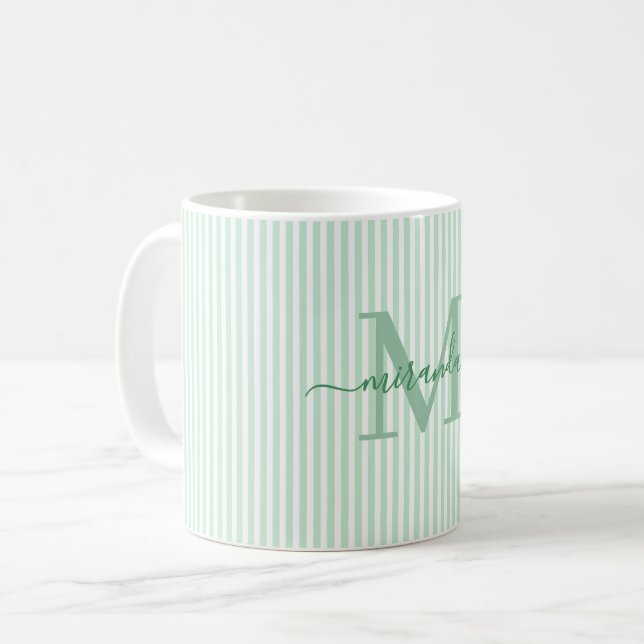 Caneca De Café Nome Monograma com Faixa Verde Moderna (Frente Esquerda)