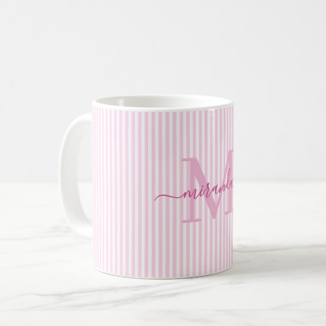 Caneca De Café Nome Monograma com Listras Rosa Moderno (Frente Esquerda)