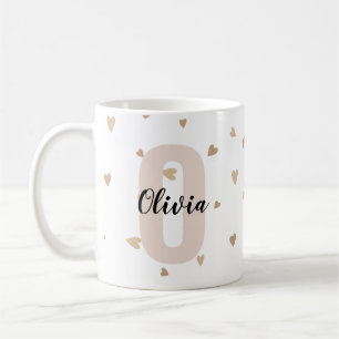 Caneca De Café Nome Monograma Estético em Dourado Rosa com Coraçõ