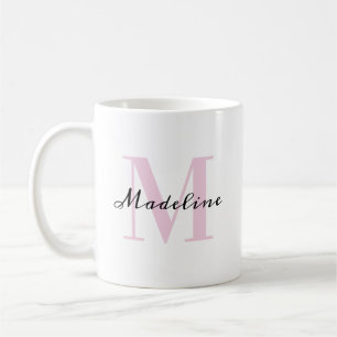 Caneca De Café Nome Monograma Minimalista Elegante Rosa e Preto