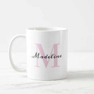 Caneca De Café Nome Monograma Minimalista Elegante Rosa e Preto