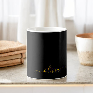 Caneca De Café Nome Monograma Moderno Black Gold Girly Script