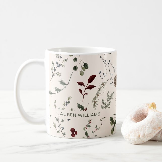Caneca De Café Nome Monograma, Padrão de flor selvagem (Com Donut)