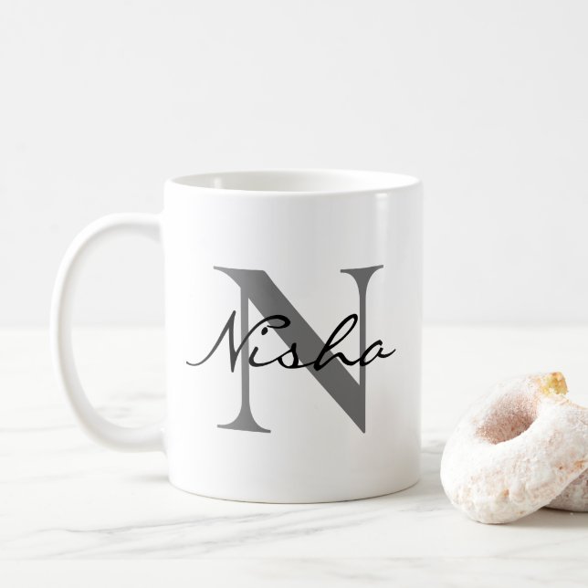 Caneca De Café Nome Monograma Preto Cinza (Com Donut)