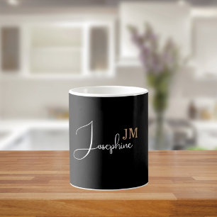 Caneca De Café Nome monograma preto dourado moderno