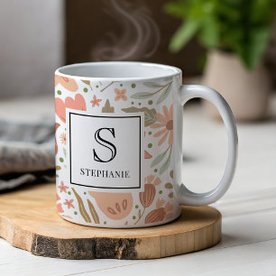 Caneca De Café Nome Monogramado com Padrão de Flores de Pêssego F