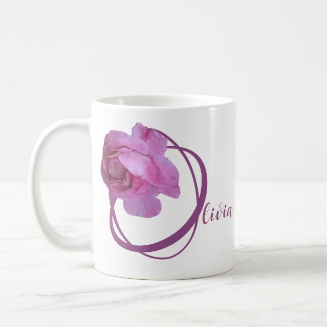 Caneca De Café Nome Olivia bonito rosa rosa rosa floral (Esquerda)