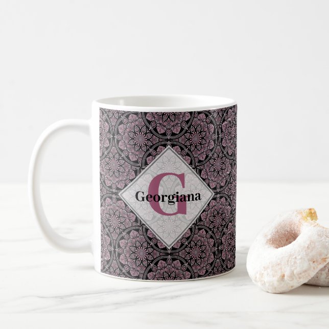 Caneca De Café Nome Personalizado 1920 Dusky Rosa Floral Fronds M (Com Donut)