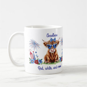Caneca De Café Nome personalizado 4 de julho Fireworks Cute Cow E