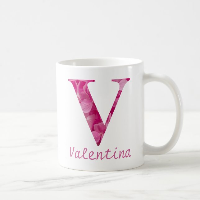 Caneca De Café Nome personalizado alfabético floreado cor-de-rosa (Direita)