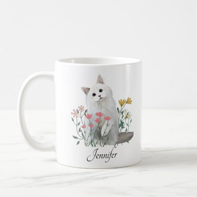 Caneca De Café Nome Personalizado | Amantes de Gato Branco (Esquerda)