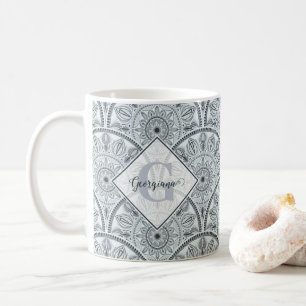 Caneca De Café Nome Personalizado Art Deco Floral Harmonia Cinza 