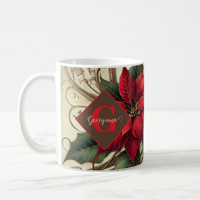 Caneca De Café Nome Personalizado Art Nouveau Poinsettia de Natal (Esquerda)