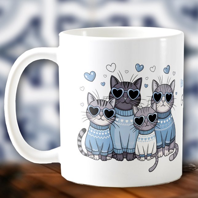 Caneca De Café Nome Personalizado Azul do Namorados de Gato Gato- (Cute Cat Kitty Valentine Blue Custom Name Coffee Mug)