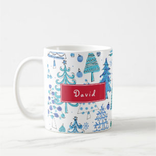 Caneca De Café Nome Personalizado Azul Verde-Árvore de Natal