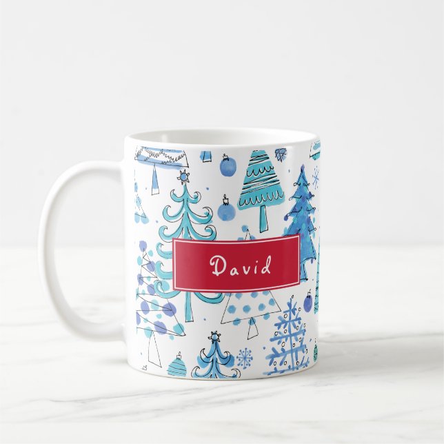 Caneca De Café Nome Personalizado Azul Verde-Árvore de Natal (Esquerda)