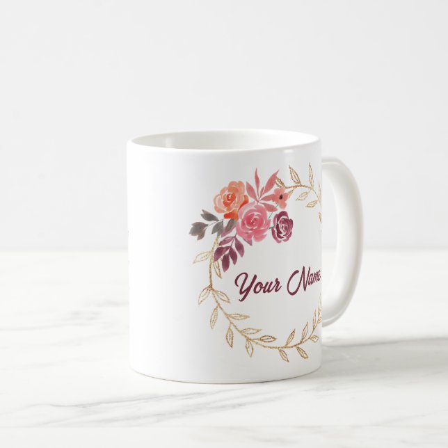 Caneca De Café Nome Personalizado Belo Elegante Motif Floral (Frente Esquerda)