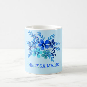 Caneca De Café Nome Personalizado Blue Floral Watercolor
