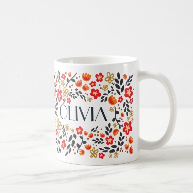 Caneca De Café Nome Personalizado Bonito Floral Red Colorful Girl (Direita)