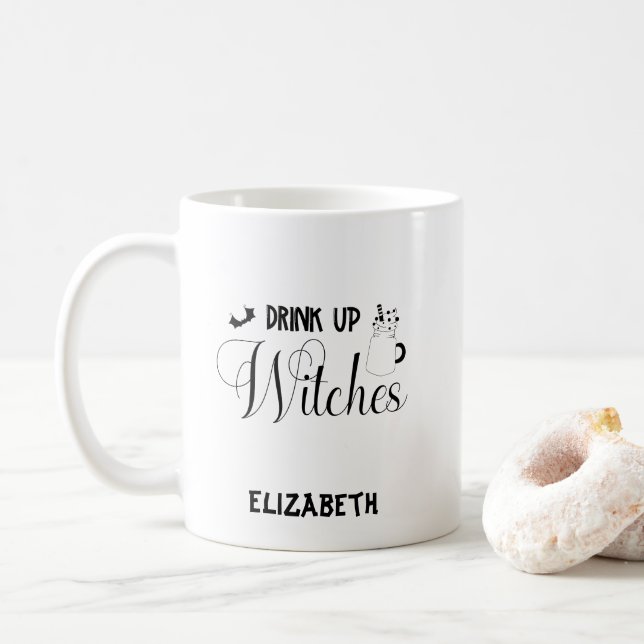 Caneca De Café Nome Personalizado Bruxas Bebidas Halloween (Com Donut)
