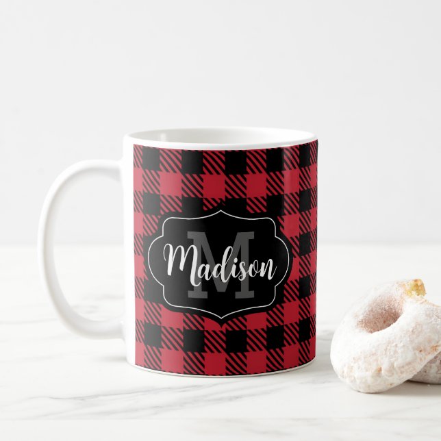 Caneca De Café Nome Personalizado Búfalo Xadrez Monograma Mug (Com Donut)