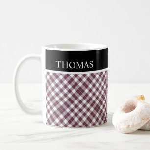 Caneca De Café Nome Personalizado Burgundy White Gingham