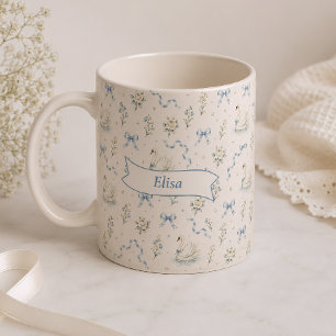 Caneca De Café Nome Personalizado Cottagecore Swan Lake Laço Pres