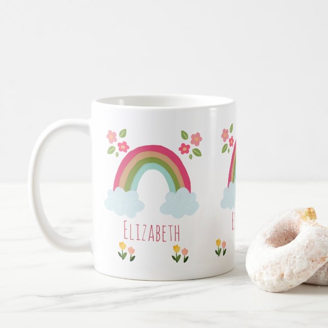 Caneca De Café Nome personalizado Crianças Gira-arco-íris, cor-de (Com Donut)