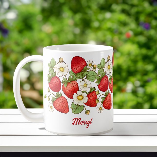 Caneca De Café Nome personalizado da fruta de verão de morango (Strawberry summer fruit collage customized personalized name coffee mug bridesmaids gifts for her)