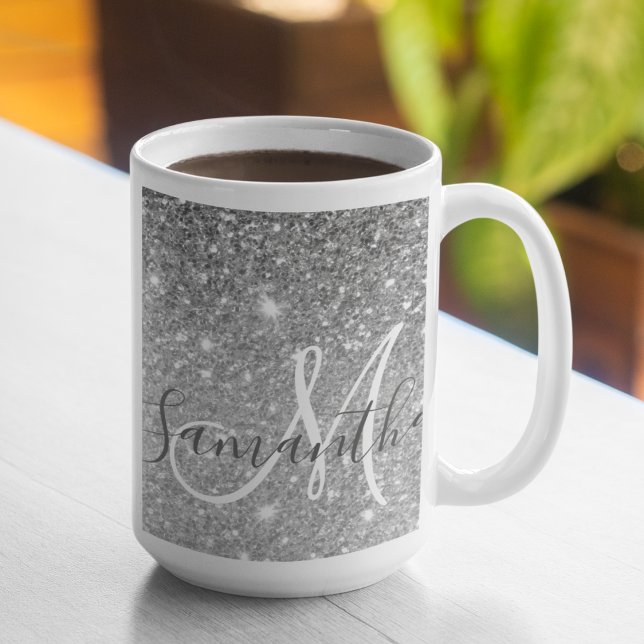 Caneca De Café Nome Personalizado da Glitter da Cinza Moderna (Criador carregado)