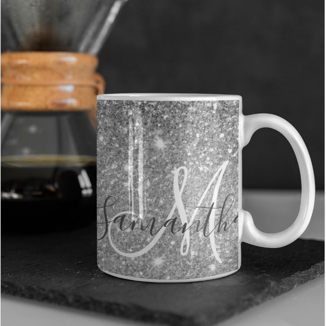 Caneca De Café Nome Personalizado da Glitter da Cinza Moderna (Criador carregado)