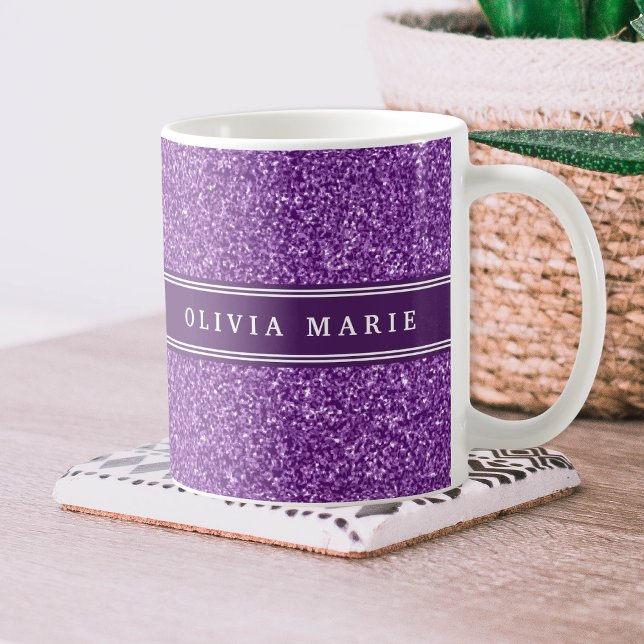 Caneca De Café Nome Personalizado da Glitter Roxo (faux) (Criador carregado)
