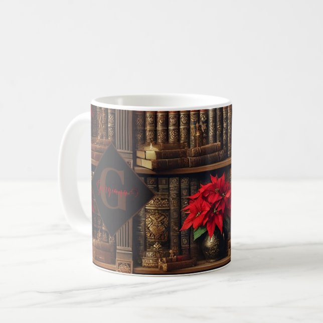 Caneca De Café Nome Personalizado Dark Academia Poinsettia Booksh (Frente Esquerda)