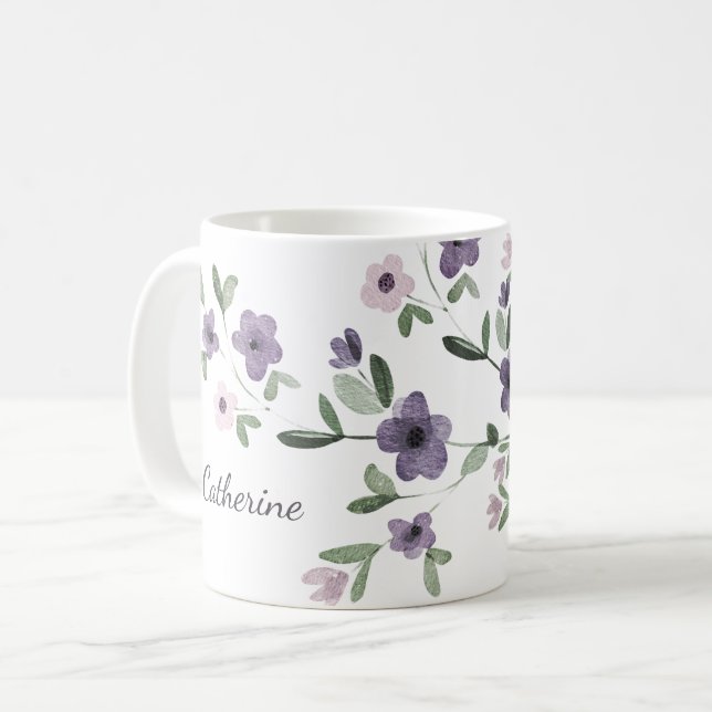 Caneca De Café nome personalizado das flores lilás (Frente Esquerda)